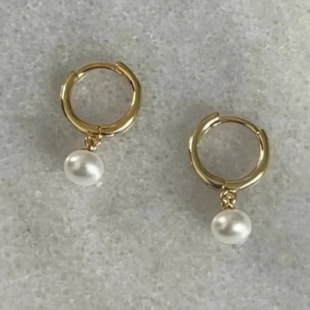 COPY - Gold Pearl Dangle Huggie Hoop Earrings - Picture 1 of 4